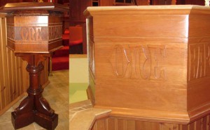 The original, much smaller baptismal font on the left; on the right is the new font, which is large enough to feed a walk-in pool.