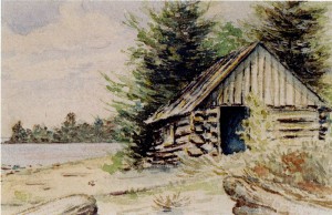 The "Old Fish Shanty" on the shore of the Holdsworth property, Old Mission Peninsula; lithograph by William S. Holdsworth, undated.
