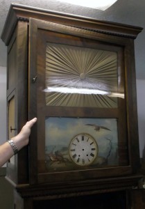 Rare 1830s Bavarian Black Forest clock, currently undergoing restoration in the Workshop. 