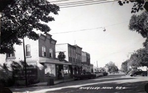 Downtown Kingsley, 1957.  Close on far right is the IGA; in the distance are the Standard and Pure gas stations at the corner of M113 and Brownson Avenue.