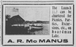 Advertisement for McManus' "Elf", from the Traverse City "Evening Record", recorded by the author.