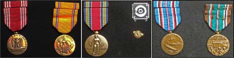 My medals read left to right: EFFICIENCY, HONOR, FIDELITY; AMERICAN DEFENCE; WORLD WAR II, (silver upper right) designates driver/mechanics badge, (small pin button) discharge free ride for vets or commonly called “RUPTURED DUCK MEDAL”; AMERICAN CAMPAIGN, and AMERICAN MIDDLE EASTERN CAMPAIGN.