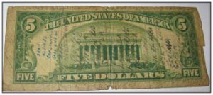 "This $5.00 bill contains the names of nearly all the villages in central Tunisia where I reconnoitered.                                  Among them are Oran, Kasserine, Sbeitla, and Faid."