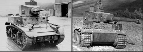 Compare the cannon bore of our Light M3 Tank on the left with the bore of the 75mm Tiger on the right.  Wider track and raised cleats gave the Tiger better traction.  The solid armor of the Tiger easily deflected our 37 mm cannon shot.  Superior speed was our best defense.
