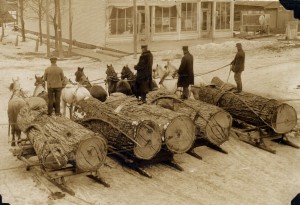 "Logs headed for Case & Croster Mill, Kingsley, 1908." Image courtesy of Floyd Webster Historical Photograph Collection,  fw03003, Kingsley Branch Library.