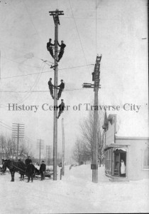 Men working on putting up the first telephone lines in the region, ca. 1898, the work of Citizens Telephone Co. Image courtesy of the History Center of Traverse City.