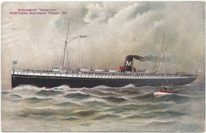 Postcard image of Northern Michigan Transportation Company steamer "Manitou," which ferried passengers from Chicago to Mackinac. Image courtesy of Don Harrison, https://flic.kr/p/anVGQv