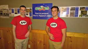 Jeff Pearson (right) with Jeff Yacks in front of A. Papano's Pizza of Kingsley history display. Image courtesy of Yacks.