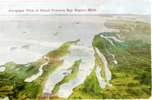 Aerial view of Grand Traverse Region, colored postcard, ca. 1910. Image courtesy of Traverse Area District Library local history collections, http://localhistory.tadl.org/items/show/2115.