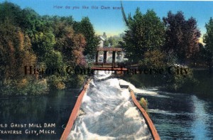 Old grist mill dam, looking east on Boardman River. Image courtesy of History Center of Traverse City.