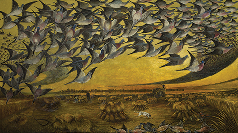 Lewis Cross, Passenger Pigeons in Flight, 1937, Collection of the Lakeshore Museum Center, Photo by Fred Reinicke.