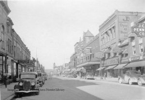 Front Street, Traverse City, when Clara worked at JC Penney's., about 1939. Photographed by Cary Ford. Image courtesy of Traverse Area District Library.