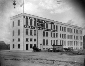 Straub Bros. & Amiotte building on West Front Street, home of the candy factory, ca. 1905. From the Grand Traverse Pioneer and Historical Society Collection, 3006.