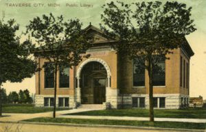 Orson W. Peck picture postcard of the new Carnegie Library, ca. 1905. Image courtesy of University of Illinois Urbana-Champaign, http://imagesearchnew.library.illinois.edu/cdm/singleitem/collection/koopman/id/575/rec/3