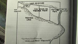 Map from "Story of Portage," showing the location of the old and new channels to Lake Michigan.