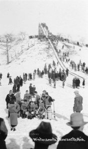 Picture of the toboggan run at the Traverse City Golf and Country Club was taken in the 1920s near the 16th green of the golf course. From the Bensley Collection, Traverse Area District Library.